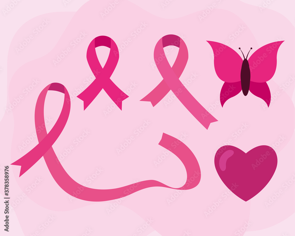 breast cancer awareness pink ribbons heart and butterfly design, october month campaign theme Vector illustration
