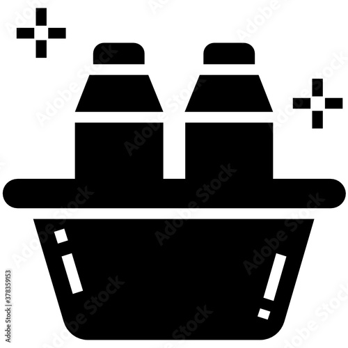 
Glyph design of grocery basket icon, milk packet inside bucket
