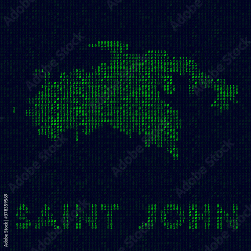 Digital Saint John logo. Island symbol in hacker style. Binary code map of Saint John with island name. Awesome vector illustration.