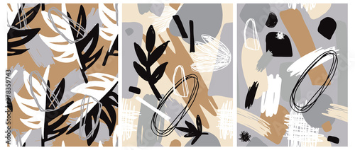 Autumn Leaves Print. Abstract Irregular Floral Seamless Vector Patterns. Hand Drawn Twigs and Dots on a Gray, Cream and Gold Background. Freehand Scribbles and Leaves Backdrop. Abstract Garden Design.