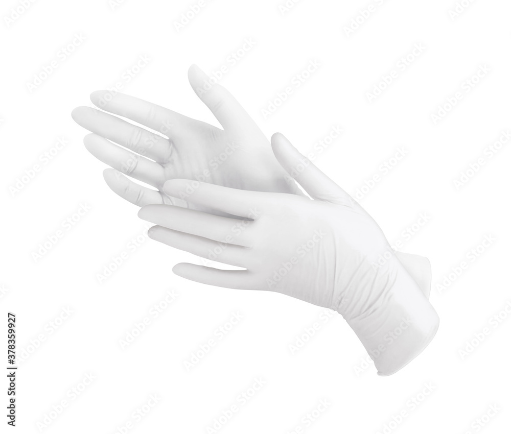 Medical nitrile gloves.Two white surgical gloves isolated on white background with hands. Rubber
