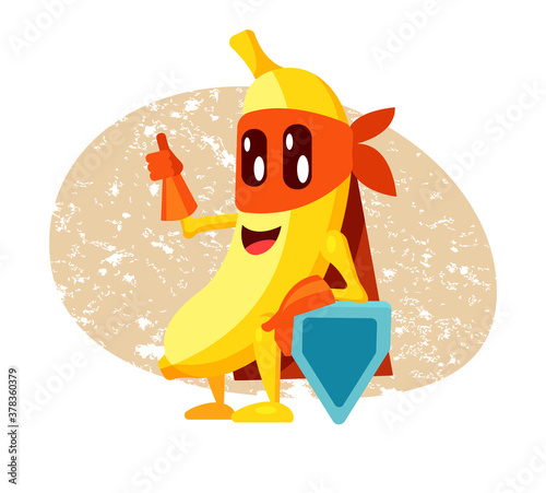 Funny cartoon character fruit banana in superhero costume at masks emotion, protector with shield. Vegetable character super hero product fun food costume vector illustration