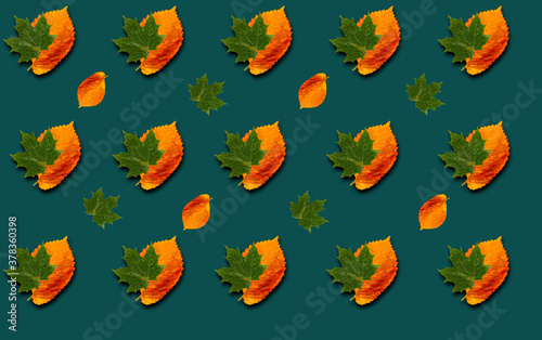 Pattern with green and yellow leaves with shadow on a green background.