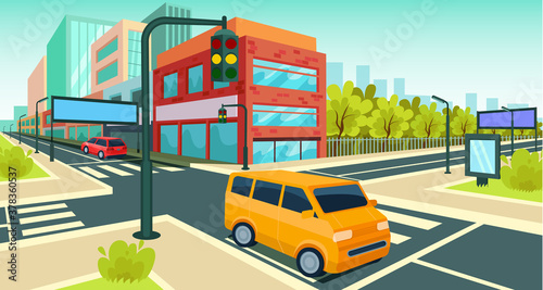 City road perspective view. Highway road with city skyline, nature landscape. Vector scene with asphalt road in city, urban landscape motorway with bus, panoramic view urban buildings