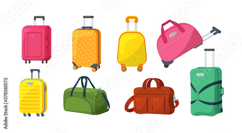 Travel luggage, plastic case, metal backpacks and leather bag. Travel suitcase with wheels, journey package, business travel bag, trip luggage. Vector backpack suitcase for journey, vacation