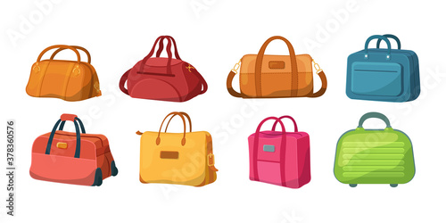 Travel luggage, plastic case, metal backpacks and leather bag. Travel suitcase with wheels, journey package, business travel bag, trip luggage. Vector backpack suitcase for journey, vacation