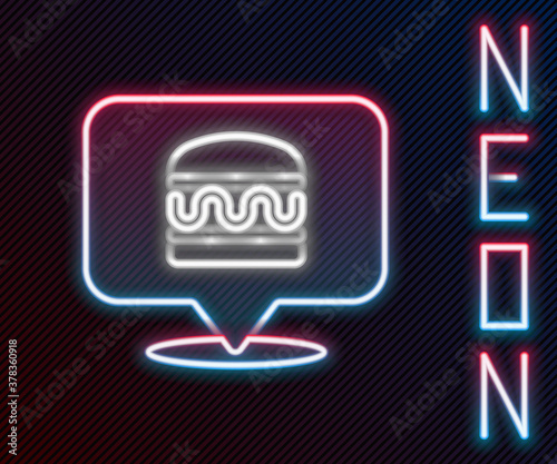 Glowing neon line Online ordering and burger delivery icon isolated on black background. Colorful outline concept. Vector.