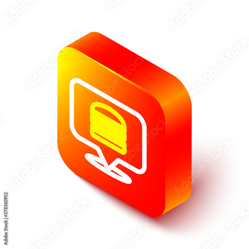 Isometric line Online ordering and burger delivery icon isolated on white background. Orange square button. Vector.