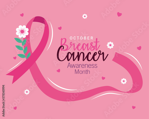 breast cancer awareness pink ribbon with flower design, october month campaign theme Vector illustration