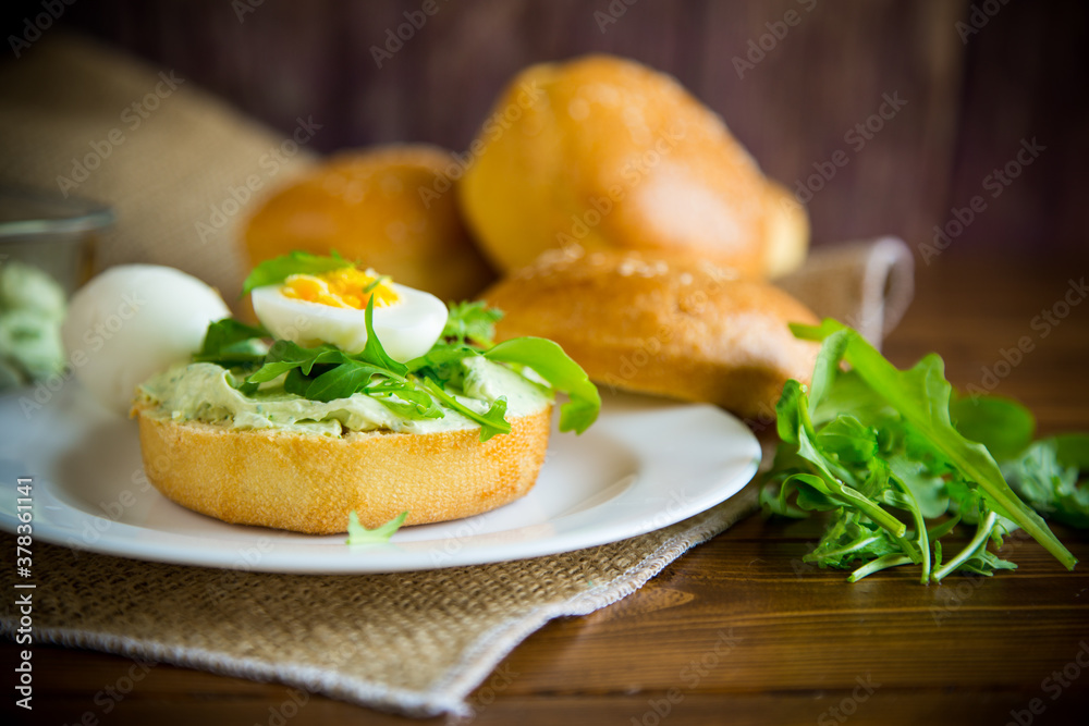 Homemade bun with cheese spread, fresh arugula and boiled egg in a plate Homemade bun with cheese spread, fresh arugula and boiled egg in a plate