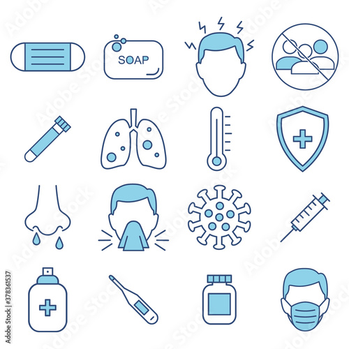 Medicine protection line set icons. Stop virus concept isolated on white. Protection medical elements from virus, air pollution, flu, dust illustration isolated on white.