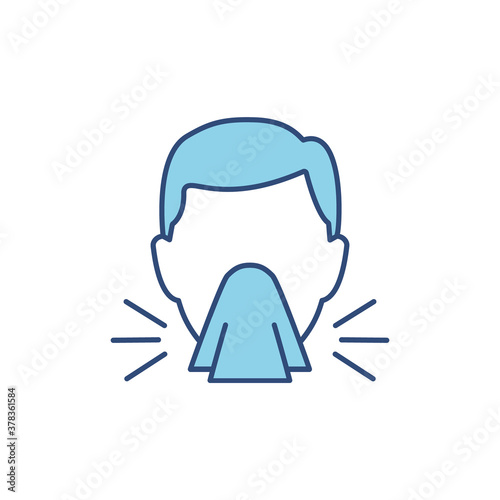 Sneeze line blue icon. Runny nose linear symbol. Flu infection and allergy symptom sign. Sneezing man head vector illustration isolated on white