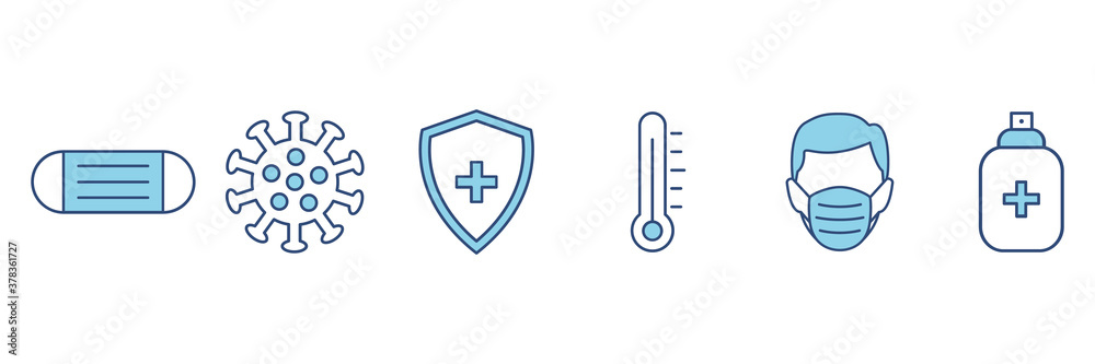 Obraz premium Medicine protection line set icons. Stop virus concept isolated on white. Protection medical elements from virus, air pollution, flu, dust illustration isolated on white.