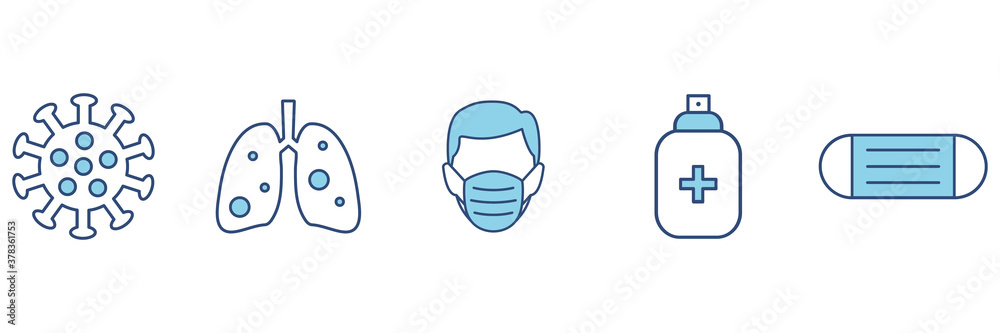 Medicine protection line set icons. Stop virus concept isolated on white. Protection medical elements from virus, air pollution, flu, dust illustration isolated on white.