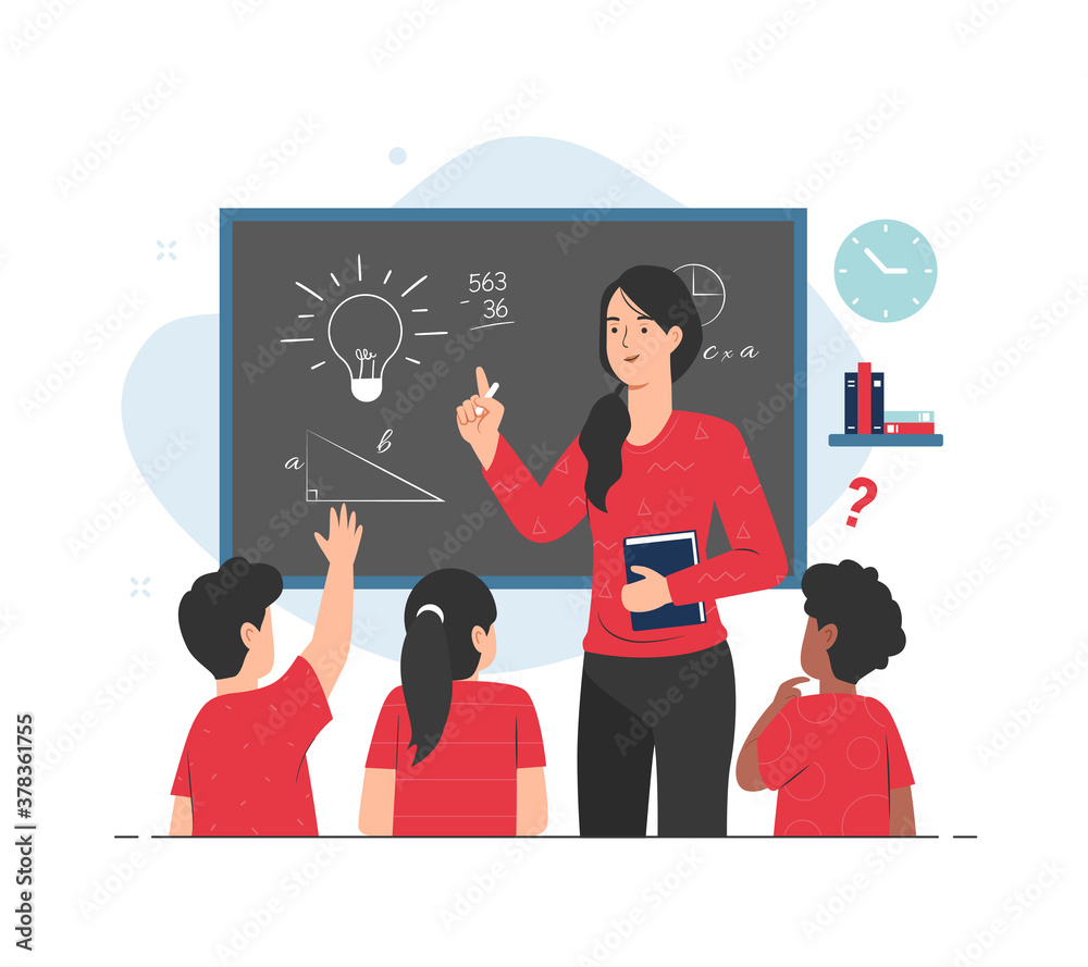 Teacher giving lesson to her students in classroom. Teaching concept ...
