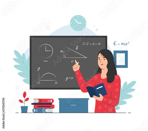 Female teacher giving math lesson while explaining it on chalkboard. Teaching concept illustration