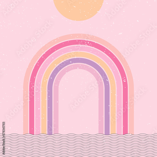 Abstract contemporary aesthetic background geometric rainbow gates with sun and waves. Vector
