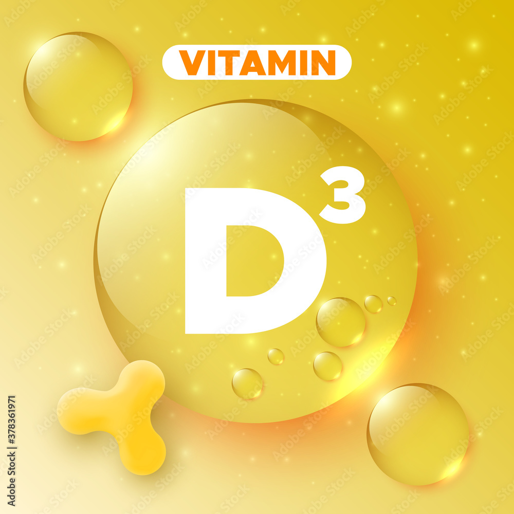 Packaging design for vitamin complex. Vitamin D3 capsule. Shiny golden round drop. Vector illustration.