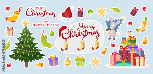 Vector stickers for Christmas and New Years, New Year tree, gifts, balls, New Year decorations. Festive clipart. Flat vector illustration, cartoon design