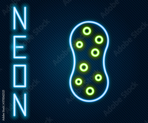 Glowing neon line Sponge with bubbles icon isolated on black background. Wisp of bast for washing dishes. Cleaning service logo. Colorful outline concept. Vector.