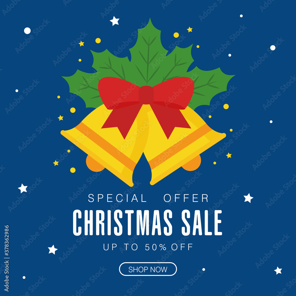 Naklejka premium christmas sale with bells and leaves design, offer shop now and ecommerce theme Vector illustration