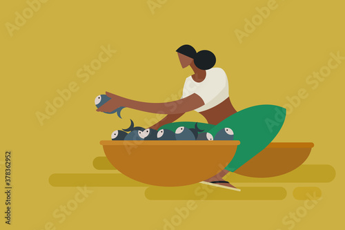 Illustration of a traditionally dressed Indian woman selling fish in the market