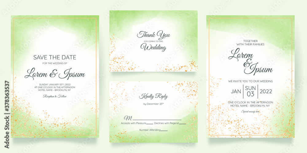 watercolor creamy wedding invitation card template set with golden floral decoration 