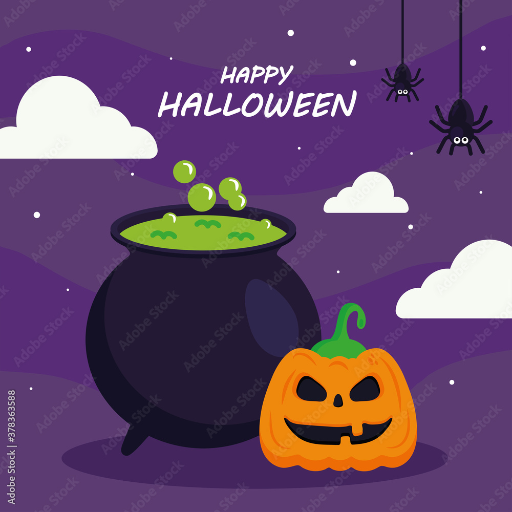 Fototapeta premium happy halloween with pumpkin cartoon and witch bowl design, holiday and scary theme Vector illustration