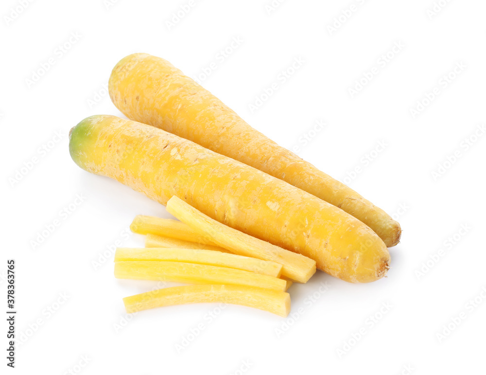Fresh raw yellow carrots isolated on white Fresh raw yellow carrots isolated on white