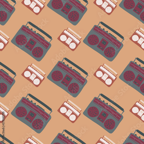 Seamless stylized music pattern with tape recorders. Grey 80s ornament on orange pale background.
