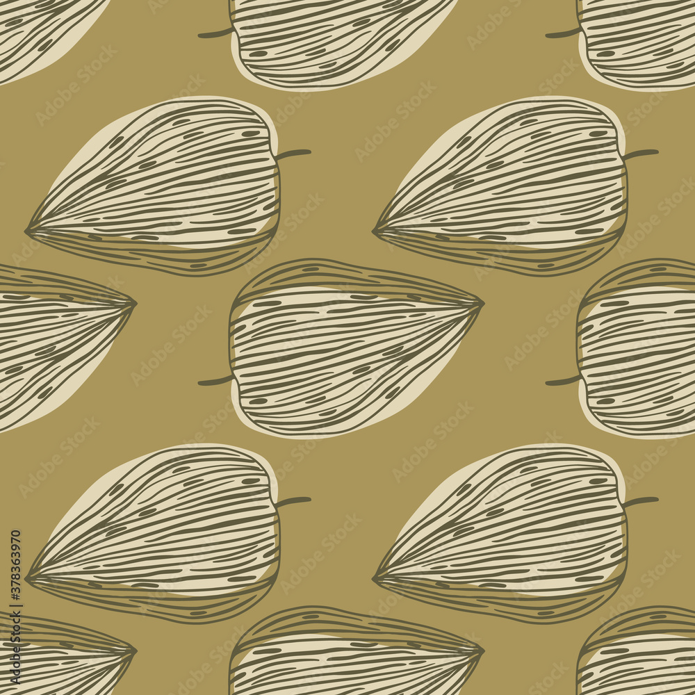 Fall season seamless pattern with leaf outline shapes. Light beige floral ornament on brown background.