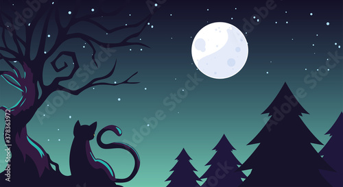 halloween background with cat in the dark field