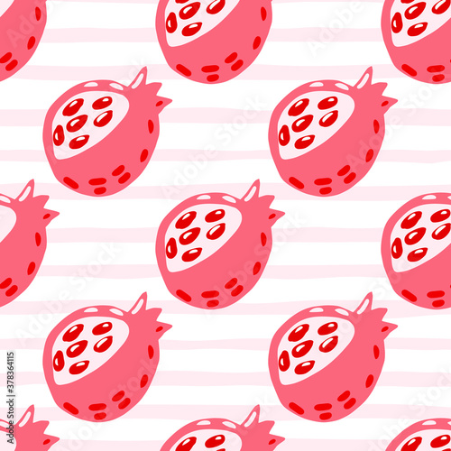 Bright contrast garnet seamless pattern. Pink fruit doodle silhouettes on white stripped background.