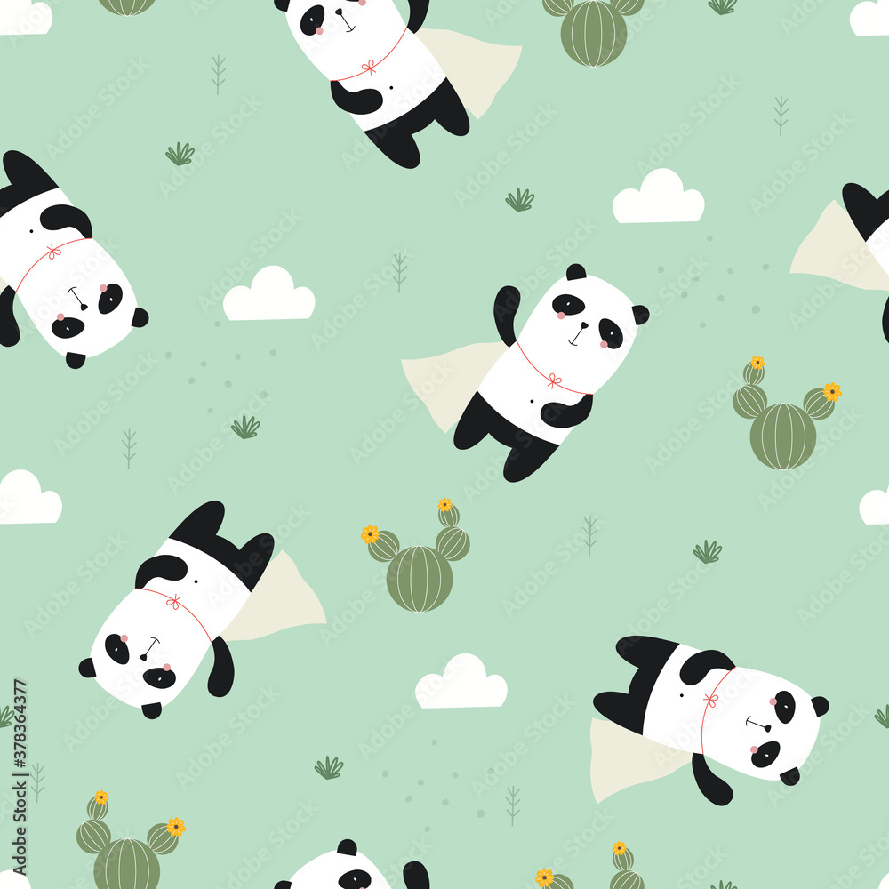 Panda Hero Seamless Pattern Hand drawn cartoon animal background in childrens style Vector design used for fabric, textile, fashion, publications