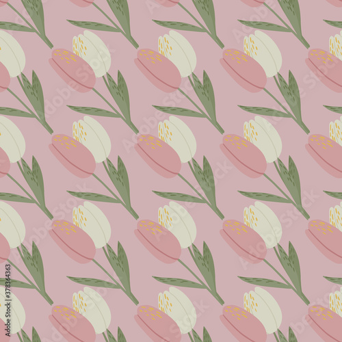 Pale pink tulip ornament seamless pattern. Doodle flowers with green stems stylized print.