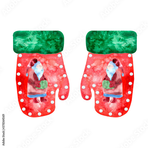 New Year and Christmas holiday mittens watercolor illustration isolated object on white background green with red