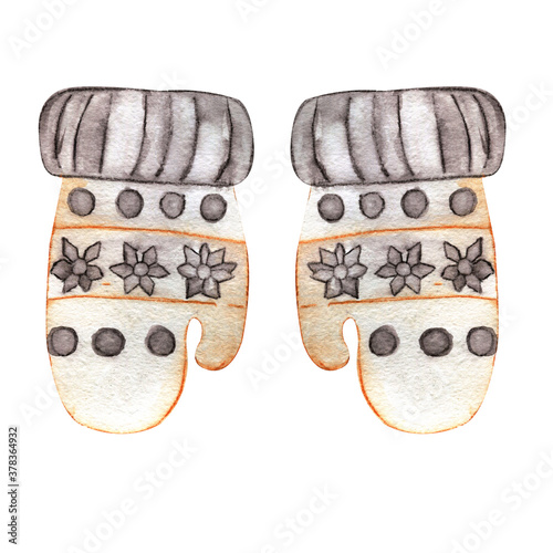 New Year and Christmas holiday mittens vintage watercolor illustration isolated object on white background
