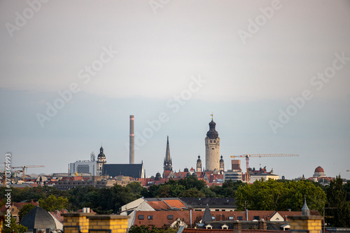 Leipzig,Saxony,Germany, 09-11-2020, View over the roofs of the trade fair city on a late summer evening