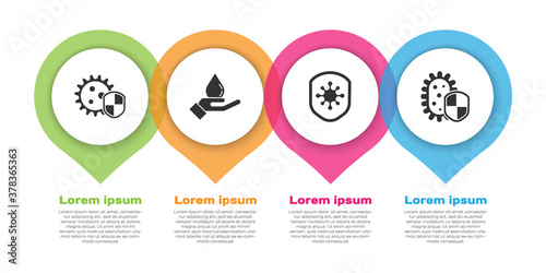 Set Shield protecting from virus, Washing hands with soap, Shield protecting from virus and Shield protecting from virus. Business infographic template. Vector.