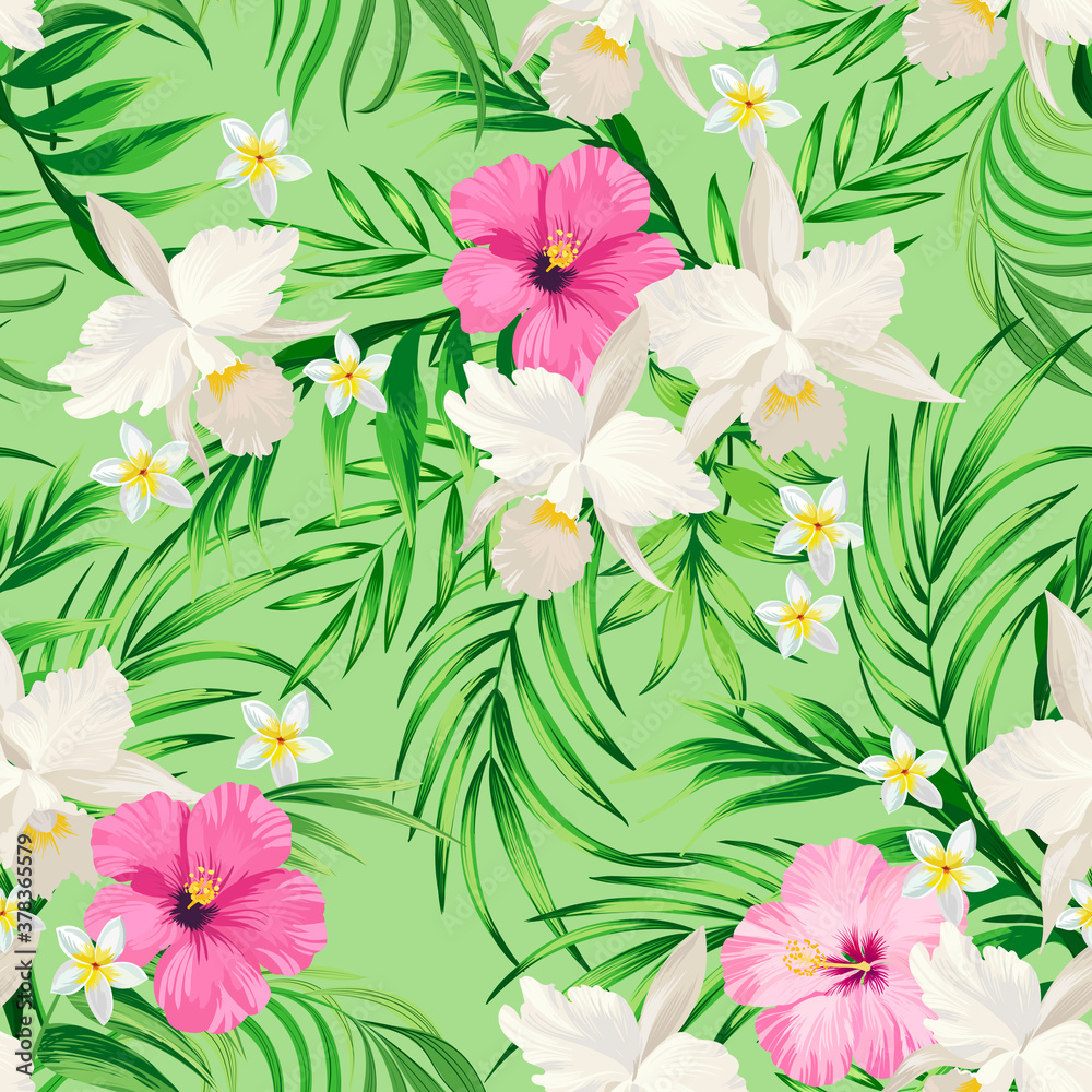 Fototapeta premium Tropical vector seamless background. Jungle pattern with exitic flowers, and palm leaves. Stock vector. Jungle vector vintage wallpaper