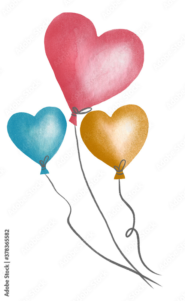 Watercolor hand drawn heart balloons isolated on the white background. 