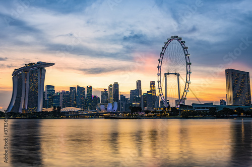 Stunning view of the Marina Bay skyline during a beautiful sunset in Singapore. Singapore is a sovereign island city-state in maritime Southeast Asia.