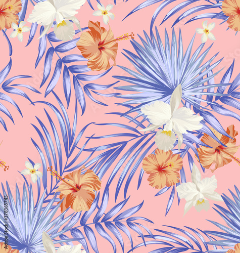 Tropical vector seamless background. Jungle pattern with exitic flowers, and palm leaves. Stock vector. Jungle vector vintage wallpaper
