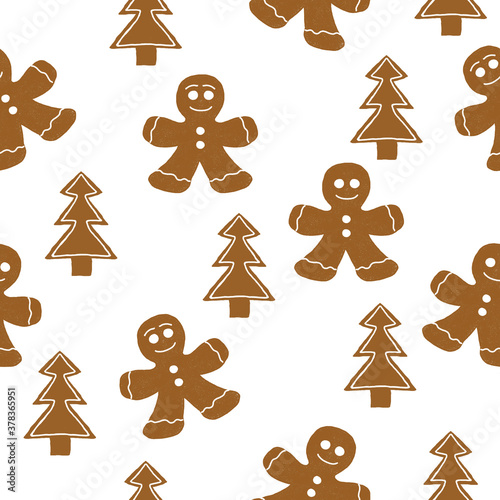 Christmas seamless pattern with gingerbread men and Christmas trees on a white background