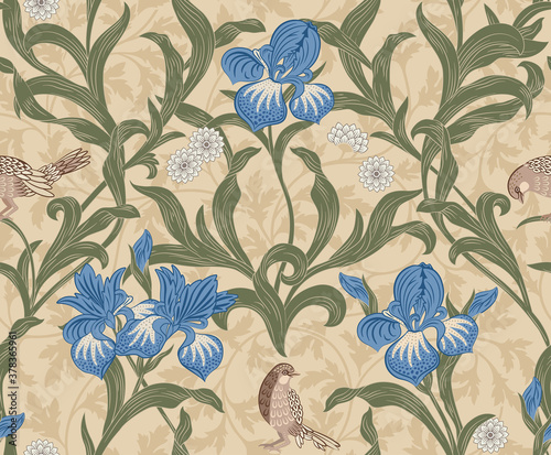 Vintage floral seamless pattern with blue flowers and foliage on light background. Vector illustration.