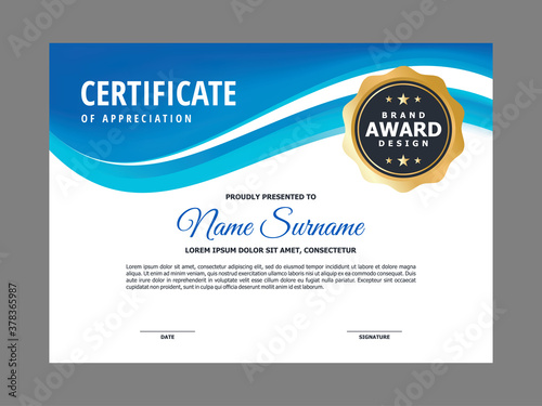 Abstract Stylish Certificate with Blue Wavy Element Design, Professional Modern Certificate with Golden Badge Sign Template Vector