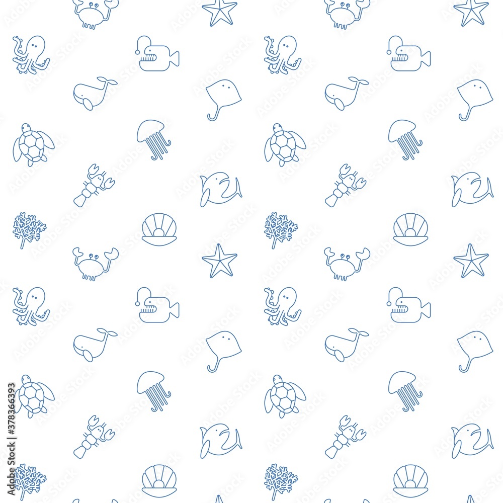 Vector seamless pattern with sea animals in dark blue color on the white background. 