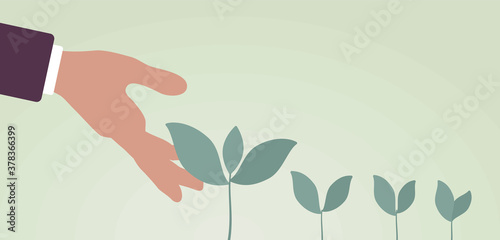 Green sprouts of plant putting out shoots with helping hand. Giving one support to encourage sprouting, growing and life development, resource for beginning. Vector flat style cartoon illustration
