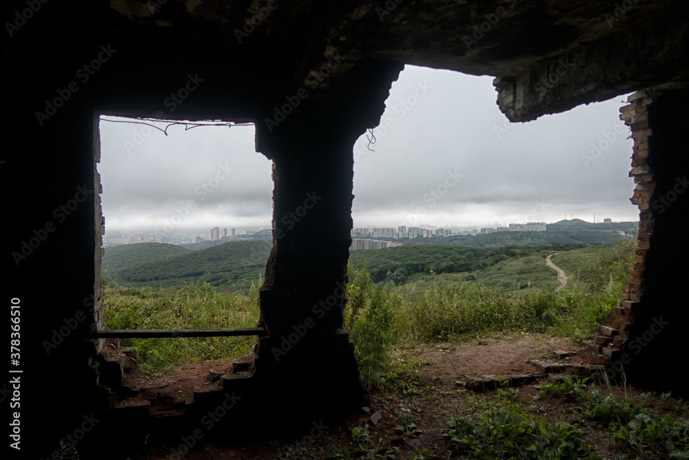 Old abandoned bunker in the woods. Military Fort. Fort Suvorov, Vladivostok, Russia.