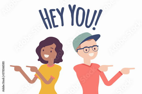 Hey you young people finger pointing to call, attract attention. Man, woman  expressing interest, addressing in informal greeting to offer, provide  information. Vector creative stylized illustration Stock Vector | Adobe  Stock